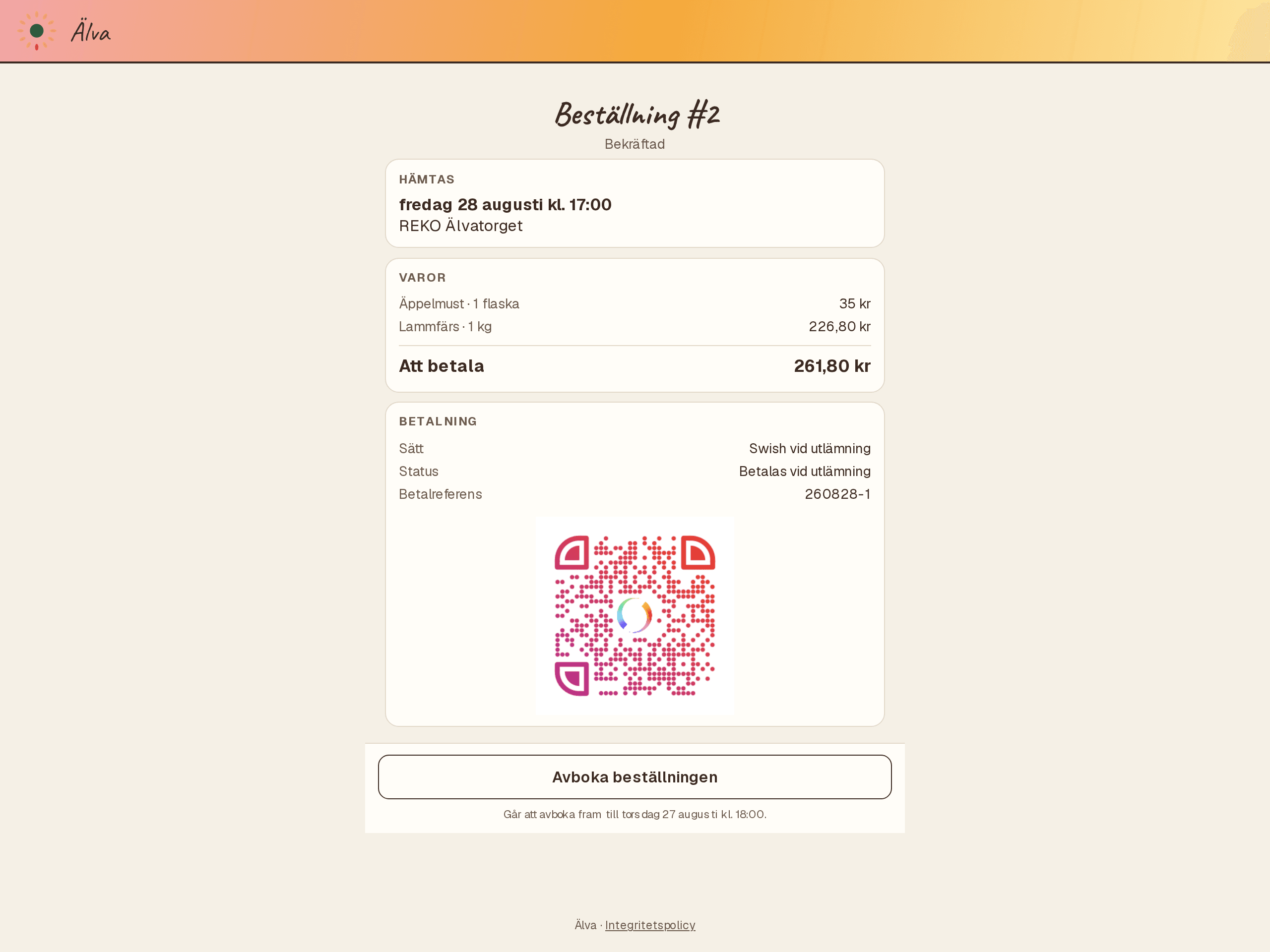 Skärmbild: kundens ordersida med Swish-QR-kod och betalreferens